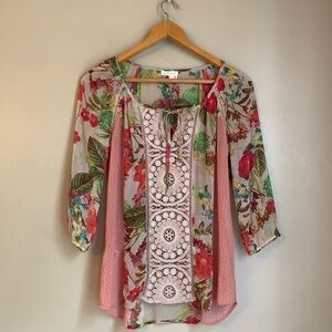 Anthro Meadow Rue Crochet Lace Sheer mixed Print Peasant Blouse Top boho